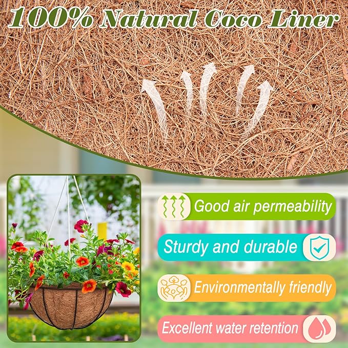 ZeeDix 4 PCS 20 Inch Coco Liners for Hanging Baskets, Round Coconut Liners for Planters Natural Coco Coir Fiber Replacement Liner for Flowers Vegetables Patio Garden Porch Decor