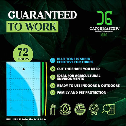 Catchmaster GRO Blue Regular Double Sided Sticky Traps 72PK, Adhesive Bug & Fruit Fly Trap, Pest Control for Home, Farm, Garden, Hydroponics & Greenhouse, Protect Live Plants Indoor & Outdoor