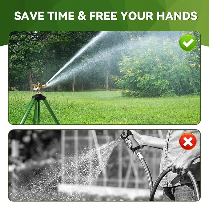 Tripod Sprinklers for Yard,Nalupatio Impact Sprinkler on Tripod Base,Heavy Duty Brass Sprinklers,360 Degree Large Area Irrigation,3/4 Inch Connector Sprinkler with Legs Flip Locks for Lawn/Yard,1 Pack