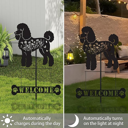 Poodle Metal Garden Stakes Yard Decor with a Lantern, Black Poodle Dog Silhouette Statues Garden Decorative Gifts for Yard Art, Patio, Outside, Lawn Ornaments, Christmas, Backyard, Pathway