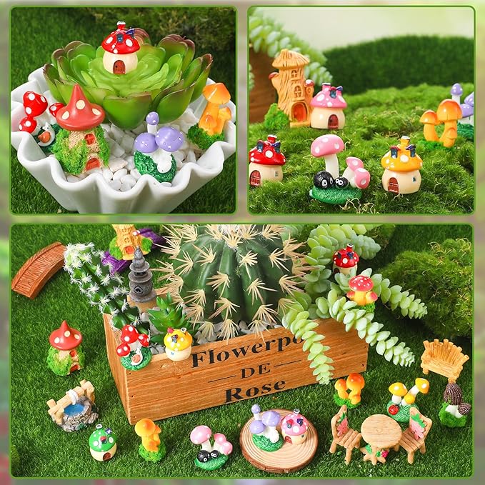 32 Pcs Fairy Garden Accessories Mini Fairy Figures Miniature Table and Chairs Bridge Mushroom Lighthouse Water Well Pond Landscape Ornaments Kit for DIY Garden Potted Desk Decor