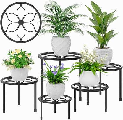 VECELO Metal Plant Stands Set of 5, Multiple Heavy Duty Flower Pot Stand, Round Plant Holder, Black