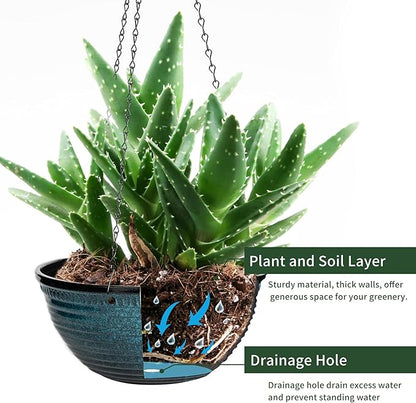 12 inch Hanging Planters for Indoor Outdoor Plants, 2 Pack Large Hanging Flower Pots with Drainage Holes and Chain, Glazed Hanging Baskets for Home Garden Decoration, Blue
