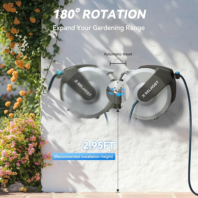 Retractable Garden Hose Reel 120 ft x 1/2 in, Heavy Duty Hose Reel Wall Mount with Any Length Lock, Auto Rewind System, 180° Swivel Bracket, 10-Pattern Garden Hose Nozzle, White & Grey