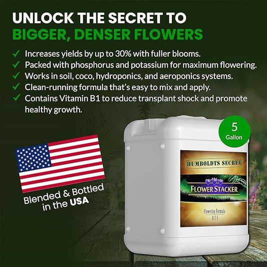 Humboldts Secret Flower Stacker | 0-7-5 Bloom Booster with Vitamin B1 | High Phosphorus Potassium Flowering Nutrients | Potting Soil Hydroponics Coco | Indoor & Outdoor Plants | 5 Gallon