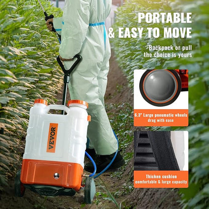VEVOR 4 Gallon Battery Powered Backpack Sprayer with Wheeled Cart, Adjustable 0-94 PSI, 13FT Hose, 6 Nozzles, 2 Wands Included, Wide Mouth Lid for Weeding, Cleaning, Long Spray Time, White+Orange