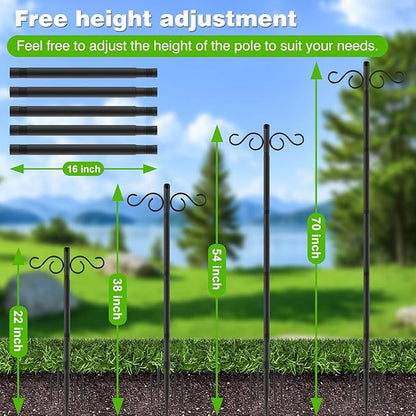 Double Shepherds Hooks for Outdoor,2 Pack 70 Inch Bird Feeder Pole with 5 Prongs Base,Heavy Duty Shepherds Hook,Suitable for Garden in Hanging Flower Basket,Lantern,Bird Nests (2 Pack 70 inch)