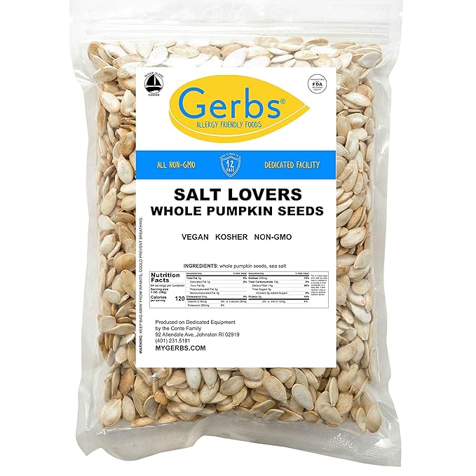Gerbs Extra Sea Salted Whole Pumpkin Seeds 4 lbs. | Small Batch Roasted, In-Shell, 10.5 mm Size, Resealable Bag | Naturally Crunchy & Mild | Top 14 Allergen-Free