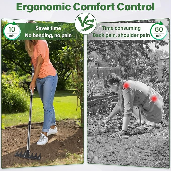 Weeding Rake Tool, Garden Weed Puller with Detachable Long Handle, 62 Inch Heavy Duty Hand Weed Remover Tool for Lawn, Yard, Atio and Backyard (5 Tines)