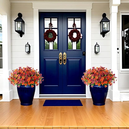 Artificial Silk Flowers Hanging Baskets for Outdoors Indoors, Daisy with Eucalyptus Leaves Arrangement for Garden Yard Decor, Faux Green Plant in Metal Coconut Lining Flowerpot(Orange Brown)
