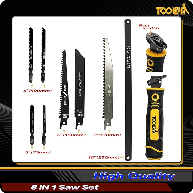 8-In-1 Multi Blades Hand Saw, Drywall Cutter. Hacksaw. Long Blade Hand Saw, Jab Saw, For Cutting Drywall, Sheetrock, Wood, Metel, Plastic, Plywood. Blade Quick Change Mechanism.