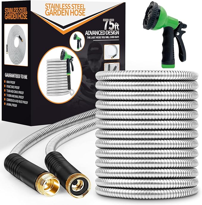 Garden Hose 75ft, Stainless Steel Heavy Duty Water Hose with 10 Function Nozzle Flexible, Lightweight, No-Kink, Pet Proof, Puncture Proof Metal Hose for Yard, Outdoor