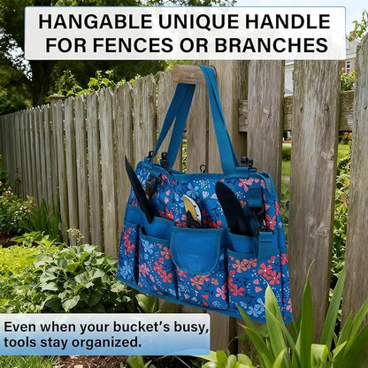 KUNN Bucket Organizer 5 Gallon 18-Pocket Tool Bucket Bag with 6 Hooks, Gardening Tool Holder Caddy for Gardeners, Outdoor Yard Work, Soil Plant Flower Gardening Accessories with Grip Pad, Blue