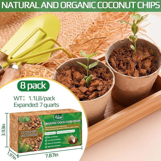 Halatool 8 Pcs Coco Husk Chips for Plants - 8.8 LB 100% Organic Coconut Coir Chips with Low EC and pH Balanced, Compressed Coco Substrate Growing Mulch Medium for Landscaping, Herbs, Plants, Flowers