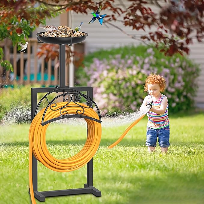 Garden Hose Holder Hanger Freestanding, Upgraded 4 Spikes Heavy Duty Storage Reel Stand with Bird Feeder Bowl, Holds 150ft Hose for Outside Garden Yard Lawn Vegetable Patch