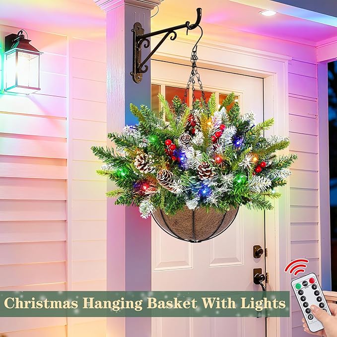 20 Inch Artificial Christmas Hanging Basket with 30LED Changing Warm White&Multicolored Timer 8 Modes Remote Control Norfolk Pine Snowy Tips Hanging Christmas Decorations for Porch Front Door Home