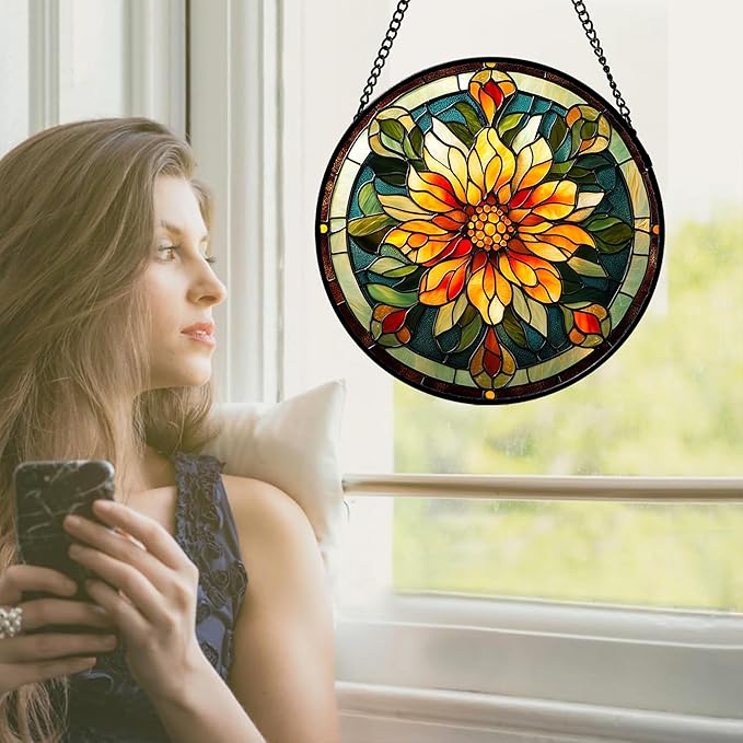 Stained Glass Window Hanging - Retro Yellow Flower Suncatcher for Door Garden Home Decor Dahlia Sun Catcher Christmas Birthday for Lovers Friend Women Mom Nana 9.8 in
