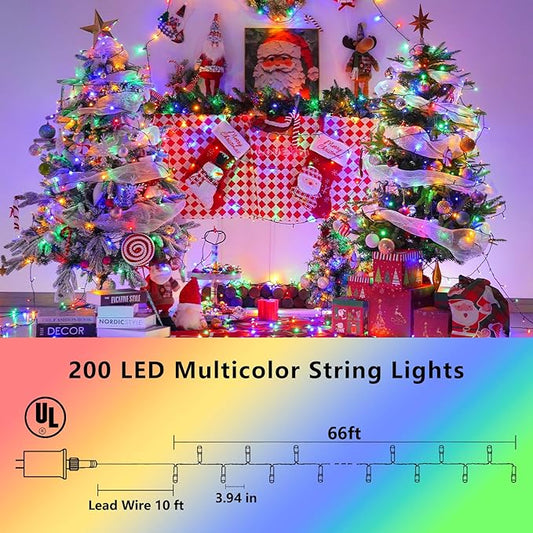 YEGUO 66ft 200 LED Christmas Light Outdoor Waterproof, 8 Modes String Lights Multicolor, Green Wire Twinkle Tree Light Plug in with Timer Memory