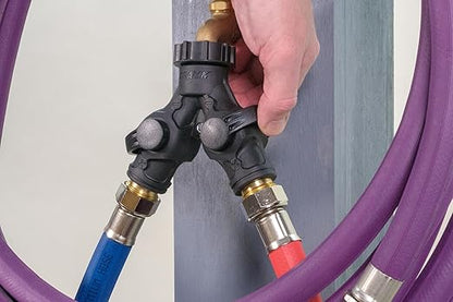 Dramm High Flow Twin Shut Off Valve with Full Water Flow, Two Way Connector, One Touch Thumb Control Turn Off Position, Corrosion Resistant Seals