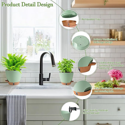 Self Watering Pots for Inoor Ourdoor Plants 10/9/8/7/6.5 Inch Plastic Planters with Drainage Holes & Water Level Indicator, Decorative House Flower Nursery Planting Pots with Saucers (Green)