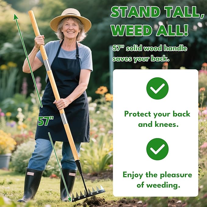 Iron Weeding Rake with Handle 2.0, 2025 Upgraded 8 Teeths Garden Weed Puller Tool Heavy Duty Gardening Tool for Lawn, Flower Beds & Soil Aeration