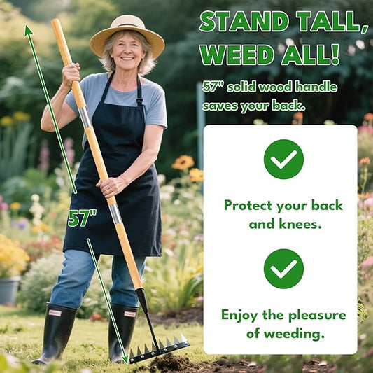 Iron Weeding Rake with Handle 2.0, 2025 Upgraded 8 Teeths Garden Weed Puller Tool Heavy Duty Gardening Tool for Lawn, Flower Beds & Soil Aeration