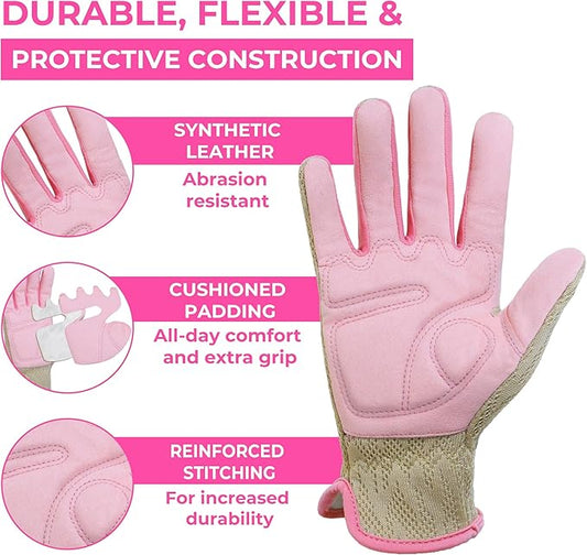 HANDLANDY Gardening Gloves for Women, Breathable Ladies Leather Garden Yard Gloves Best Gift for Gardeners
