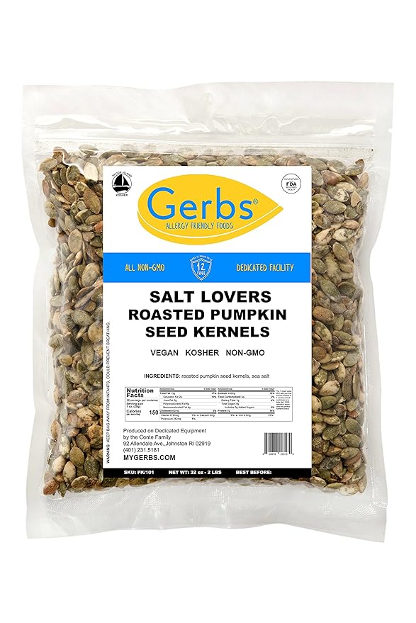 GERBS Extra Sea Salted Pumpkin Seed Kernels 2 LBS|Top 14 Allergy Free Food |Use in salads, yogurt, oatmeal, trail mix|Grown in Canada, packed in US