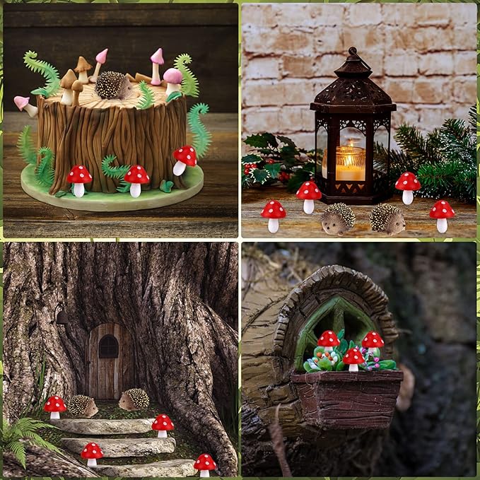 8 Pcs Fairy Wild Garden Accessories Mini Hedgehogs and Mushroom Statue Micro Landscape Plant Pots Bonsai Craft Decor Miniature Mushroom Figurines Hedgehogs Outdoor Mushroom Figurine for Garden