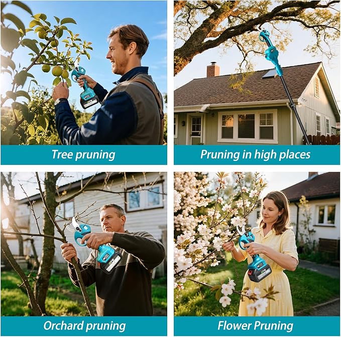 Electric Pruning Shears with Pole 1.4-2.0 Cutting Diameter & 2-IN-1 Electric Pole Pruner,2PCS 3.0Ah Batteries,Brushiless Motor,4 Modes Adjustable Branches Cutter for Flower, Tree Trimming (Blue)