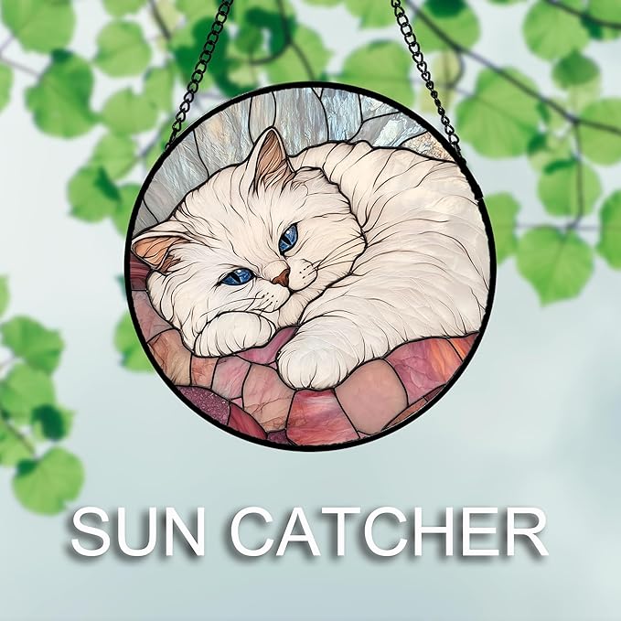 Stained Glass Window Hanging 4 Pcs Set Cute Cat 6.3" - Suncatcher Door Garden Sun Catcher Decor Birthday Mother's Day Christmas Comfort Gifts for Lost Pet Woman Nana Mom Men Friend