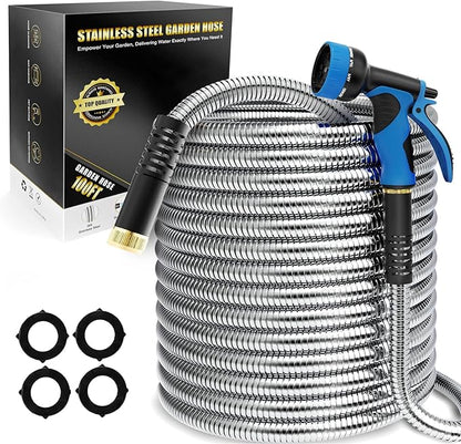 Lefree Garden Hose 100ft, Metal Garden Hose, Flexible Water Hose with 10-Function Nozzle, Stainless Steel Heavy Duty Hose, Crush Resistant, Leak Proof, No Kinks Garden Hoses for Yard, Outdoors, Rv
