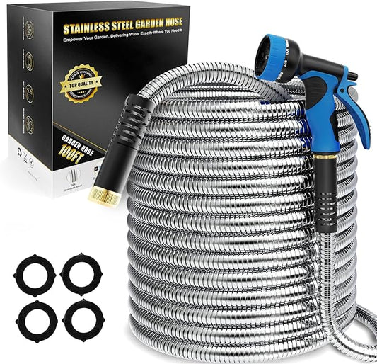 Lefree Garden Hose 100ft, Metal Garden Hose, Flexible Water Hose with 10-Function Nozzle, Stainless Steel Heavy Duty Hose, Crush Resistant, Leak Proof, No Kinks Garden Hoses for Yard, Outdoors, Rv