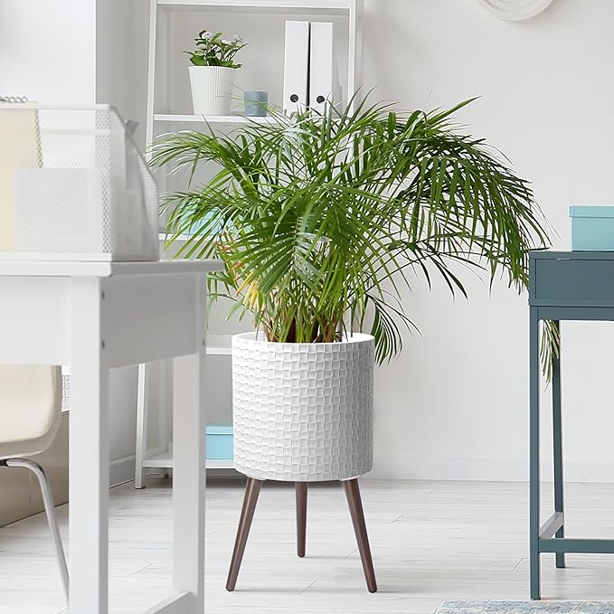 D'vine Dev 14 Inch Modern Geometric Tile Patterned Sleek Planter Pot with Stand, Indoor Outdoor Decorative Plant Holder, Matte White, 88-Z-D-1