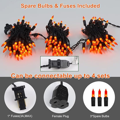 LJLNION 3 Pack Halloween Lights Outdoor, Each 33ft 150 Count Black Wire Incandescent Fairy Mini Lights, 120V UL Certified Clear Light String, Connectable for Patio Tree Party Home Decor, Orange