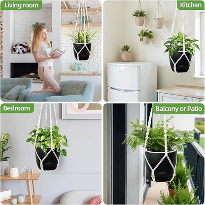 2-Pack 7.1-Inch Self-Watering Hanging Planters for Indoor & Outdoor Plants,34Inch Macrame Hanger Plant Pots Indoor with Drainage,Small Hanging Planters & Baskets,With Two Sets of Hooks（Pure black）