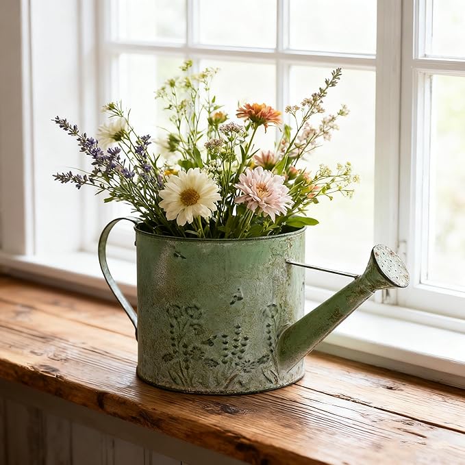 Vintage Metal Watering Can Planter with Embossed Floral - Distressed Green Decorative Watering Pot for Indoor/Outdoor Flowers, Succulents & Herbs, Rustic Home Decor Accent