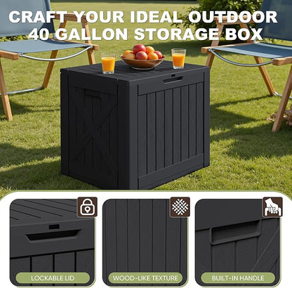 Greesum 40 Gallon Resin Deck Box, Outdoor Storage for Patio Furniture, Garden Tools, Pool Supplies, Weatherproof and UV Resistant, Lockable, Black