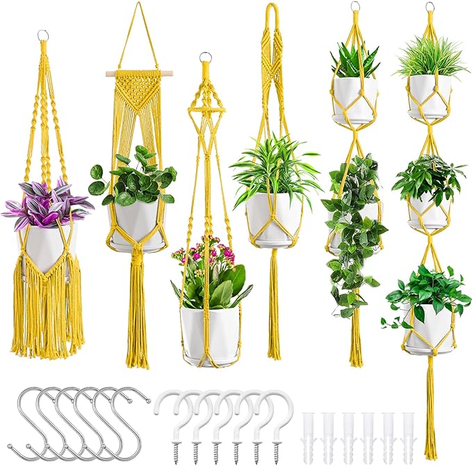 Macrame Plant Hangers, 6Pack Hanging Planters for Indoor Plants w/ 6 Set Hangers Kit Handmade Macromay Plant Hangers Indoor Flower Pots Holder Stand for Boho Home Décor (POTS NOT Included)