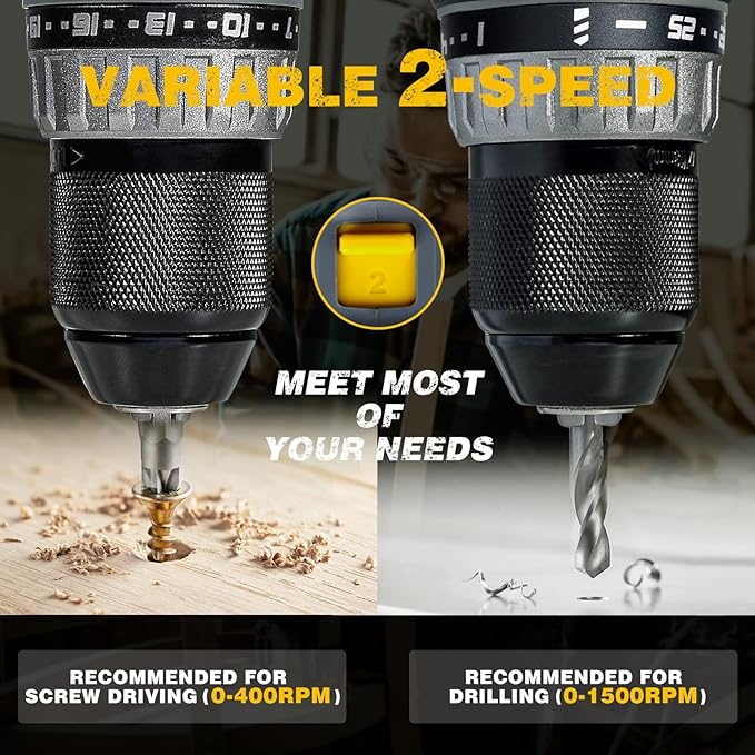 RIDA Cordless Drill Power Drill Cordless 20V 1/2'' Keyless Metal Chuck 355 In-lb(40N.m) Torque with 2.0AH Li-ion Battery & Fast Charger, Variable Speed, 25+1 Position and 22pcs Bits