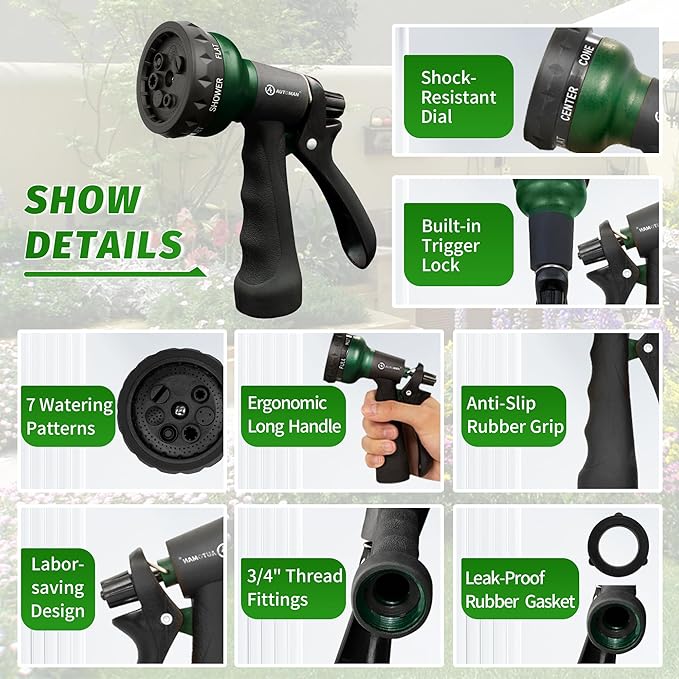 AUTOMAN Garden Hose Nozzle, Water Sprayer Nozzle with 7 Adjustable Watering Patterns,Slip Resistant Nozzle for Plants,Lawn,Washing Cars,Window Cleaning,Showering Pets & Outdoor Fun.