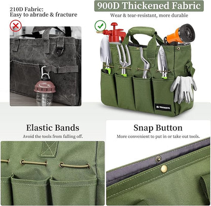 Garden Tote Bag, Gardening Tool Bag Organizer with Pockets & Handle, 900D Heavy Duty Garden Storage Bag with Long Adjustable Shoulder Strap for Tools, Green