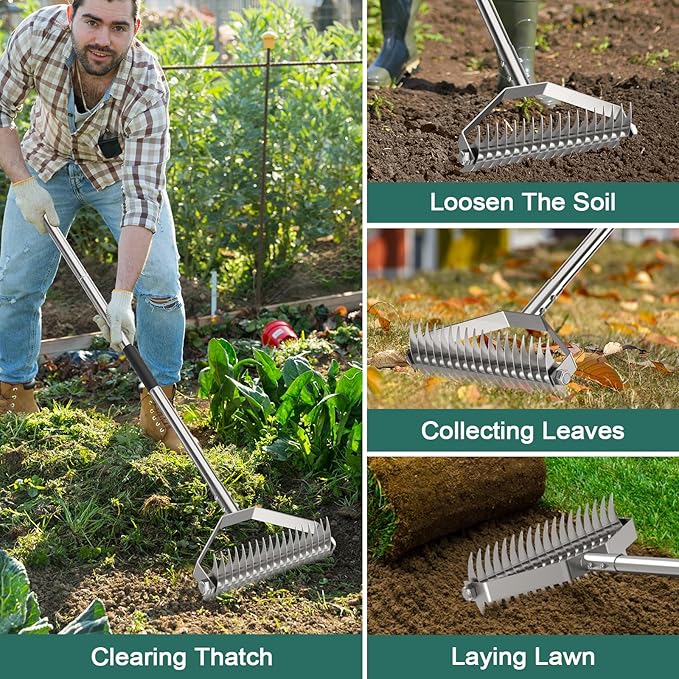 Thatch Rakes for Lawns,14.2-Inch Thatching Rake, All Stainless Steel Dethatcher Rake with Adjustable Handle and 2 Extra Replaceable Blades,Heavy Duty Rakes for Cleaning Dead Grass and Loosening Soil
