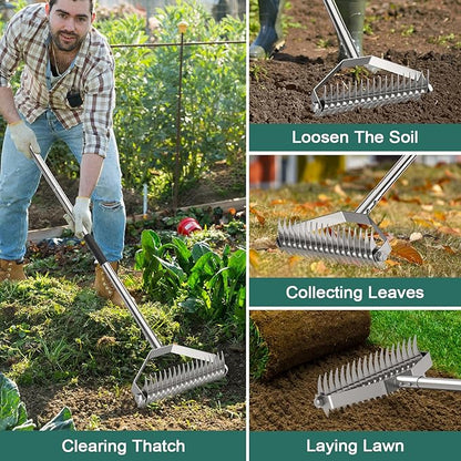 Thatch Rakes for Lawns,14.2-Inch Thatching Rake, All Stainless Steel Dethatcher Rake with Adjustable Handle and 2 Extra Replaceable Blades,Heavy Duty Rakes for Cleaning Dead Grass and Loosening Soil