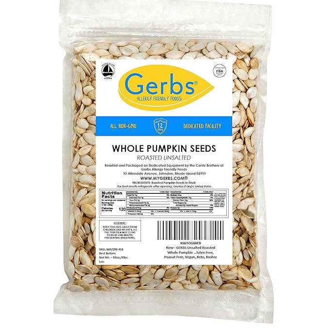 Roasted Unsalted Pumpkin Seeds in Shell by Gerbs – 4 LBS - Top 11 Food Allergen Free & Non GMO - Vegan & Kosher – Premium Whole Pepitas – COG USA