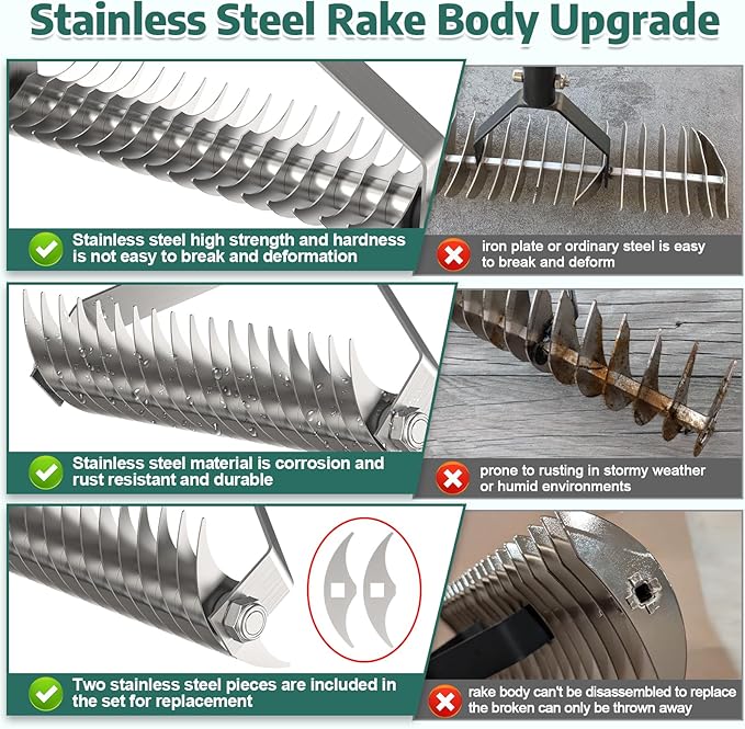 Thatch Rakes for Lawns,14.2-Inch Thatching Rake, All Stainless Steel Dethatcher Rake with Adjustable Handle and 2 Extra Replaceable Blades,Heavy Duty Rakes for Cleaning Dead Grass and Loosening Soil