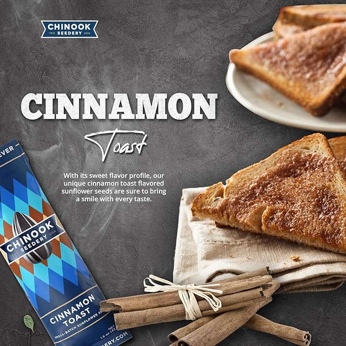 Chinook Seedery Low Sodium Sunflower Seeds – Cinnamon Toast Flavor, Pack of 36, 1.5oz – Sunflower Seeds to Eat – Keto, Jumbo, Roasted, Baseball Snacks