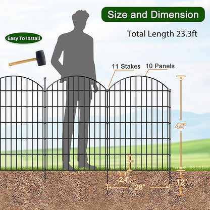 Metal Garden Fence 42in (H) x 23.3ft (L), 10 Panels + 11 Stakes Dog Fence Border Fence Animal Barrier, No Dig Garden Fencing for Yard Flower Bed Lawn Patio Outdoor, CTW4210 Black