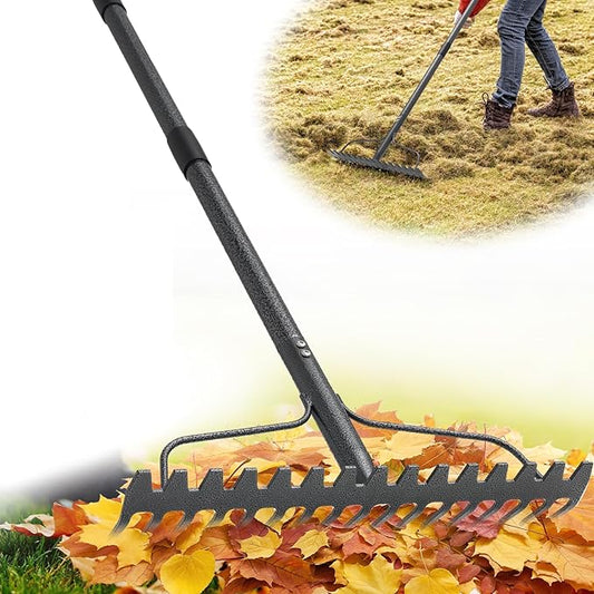 49'' Bow Rake ，17 Tines Metal Head Rakes with Stainless Steel Handle，Heavy Duty Garden Rakes for Loosening Soil Gathering Leaf Leveling Lawn Farming Land Management Yarn Thatch