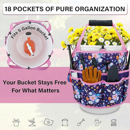 KUNN 5 Gallon Bucket Tool Organizer 18-Pocket Heavy-Duty Bucket Caddy with Hangable Handle & Comfort Grip Pad | Gardening Tool Bag, Garden Organizer Storage Bag Accessory for Gardeners, Purple